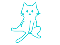 Einfache blaue strichzeichnung einer aufrecht sitzenden katze, die mit gespreizten hinterbeinen und auf dem boden ruhenden vorderpfoten nach vorne schaut und einen neutralen blick hat.