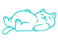 Einfache blaue strichzeichnung einer katze, die mit geschlossenen augen auf dem rücken liegt und entspannt und zufrieden aussieht.