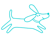 Eine einfache strichzeichnung eines hundes mit schlappohren und wedelndem schwanz, dargestellt in der mitte des laufs. Die zeichnung ist in blau auf weißem hintergrund ausgeführt.