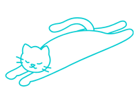 Einfache blaue strichzeichnung einer katze, die mit ausgestreckten beinen, geschlossenen augen und nach oben gebogenem schwanz auf einem schlichten weißen hintergrund liegt.