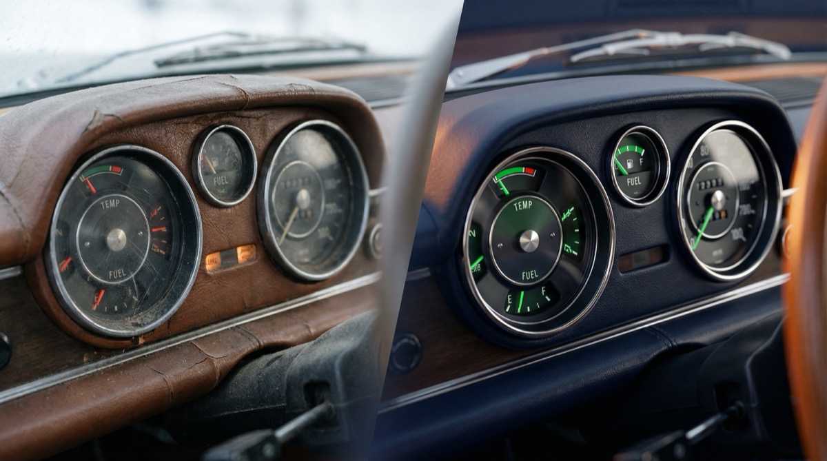 Geteiltes bild: links ein vernachlaessigtes oldtimer-dashboard, rechts dasselbe dashboard restauriert mit allen werten im gruenen bereich