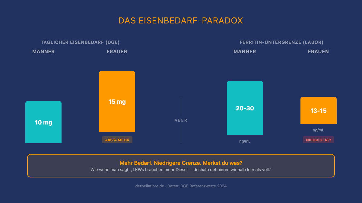 Infografik: frauen brauchen 45% mehr eisen, haben aber niedrigere ferritin-grenzwerte