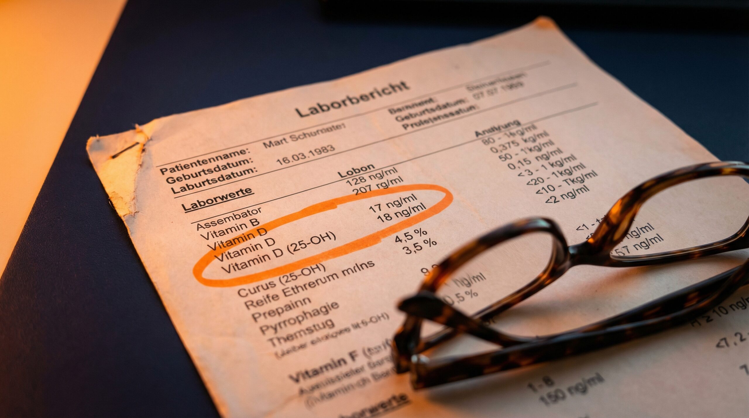 Laborbericht mit orange eingekreistem vitamin-d-wert — lesebrille daneben