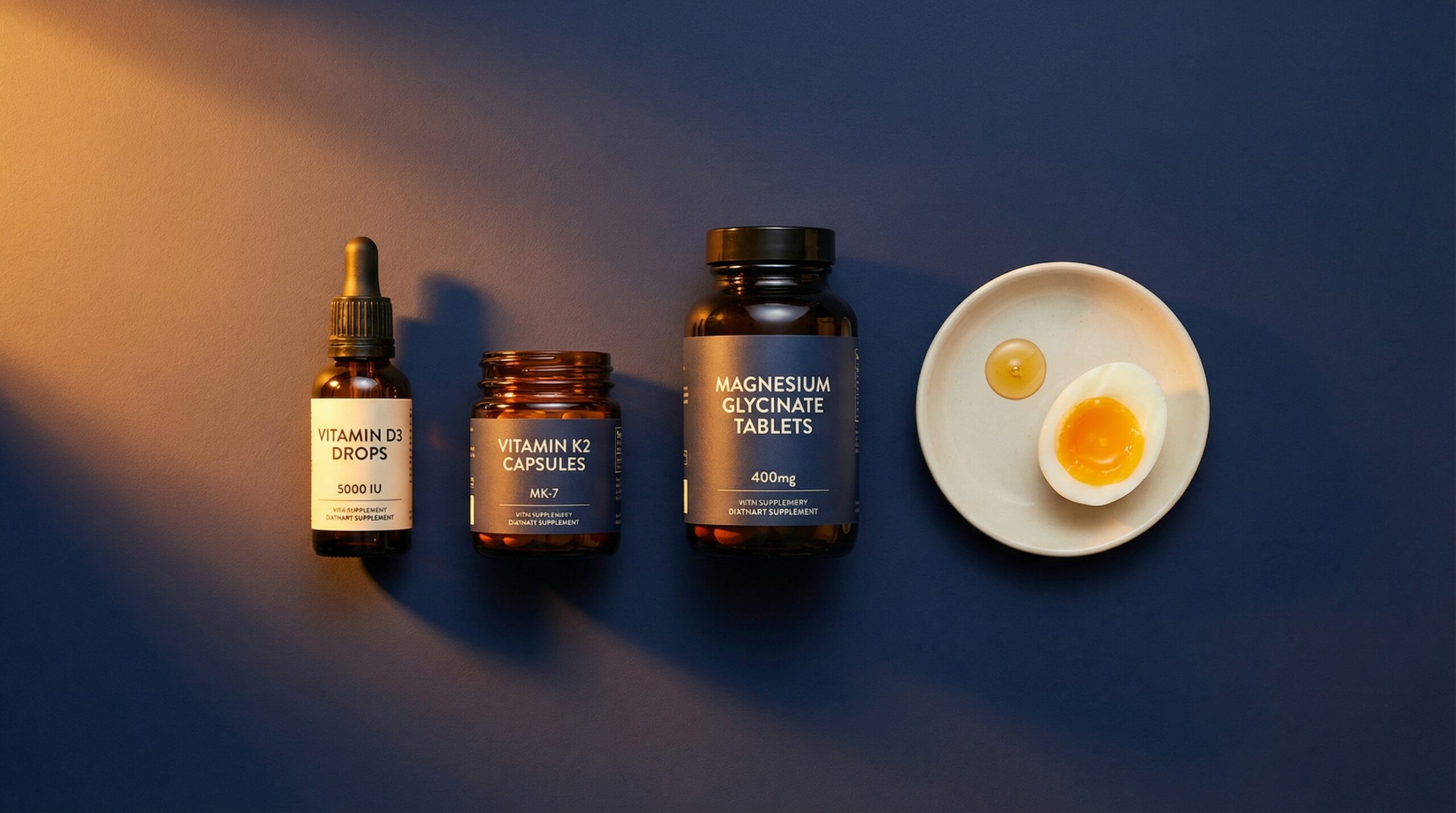 D3-tropfen, k2-kapseln und magnesium-tabletten neben einem ei auf dunkler oberfläche