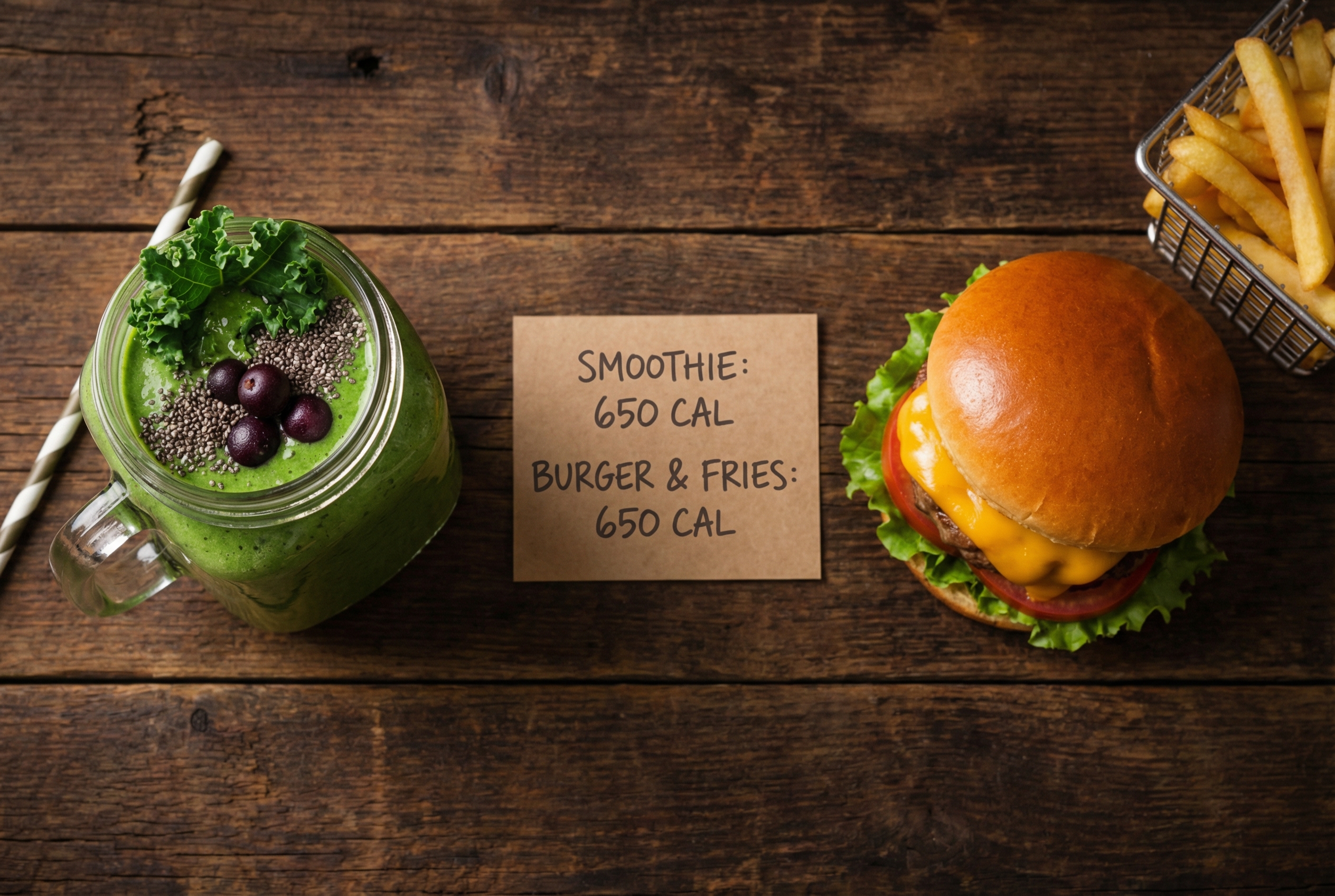 Gruener superfood-smoothie neben cheeseburger mit pommes - beide 650 kalorien