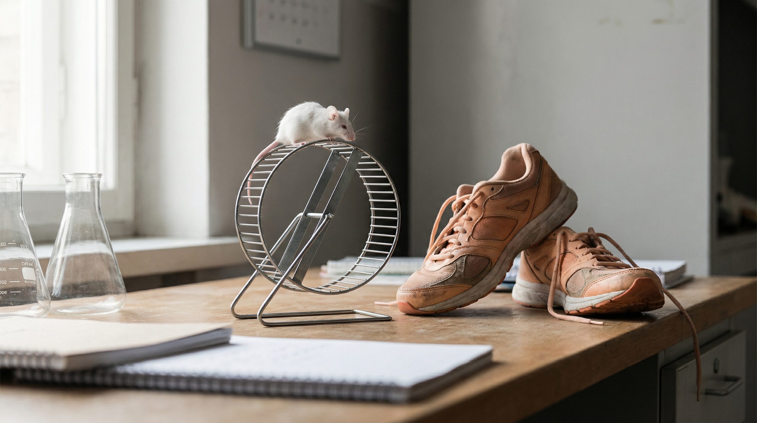 Blog 23 Labormaus auf laufrad neben damen-sneakers - metapher fuer intervallfasten-studien an maeusen statt frauen