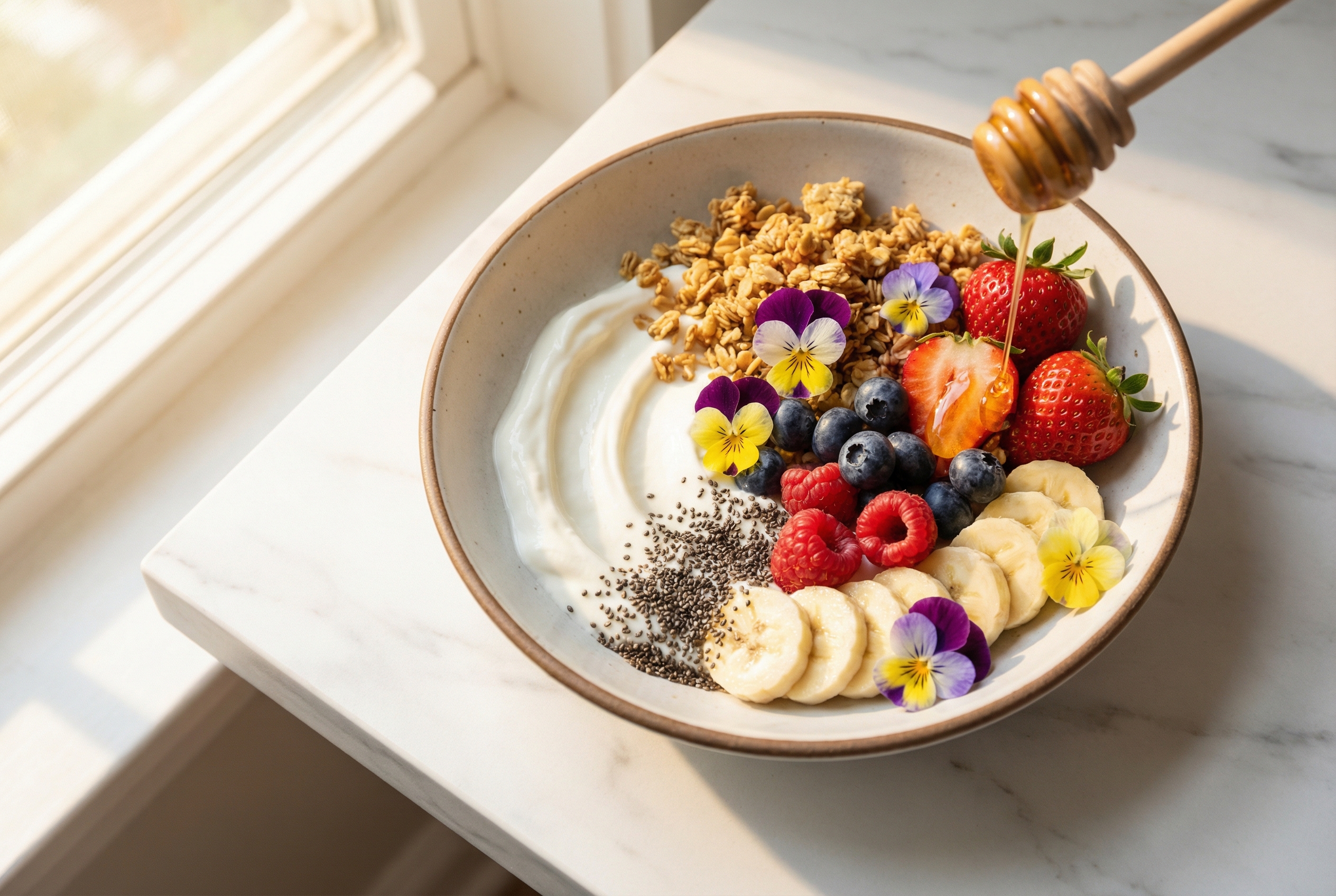 Instagram-perfekte muesli-bowl mit beeren, granola und essbaren blueten im morgenlicht
