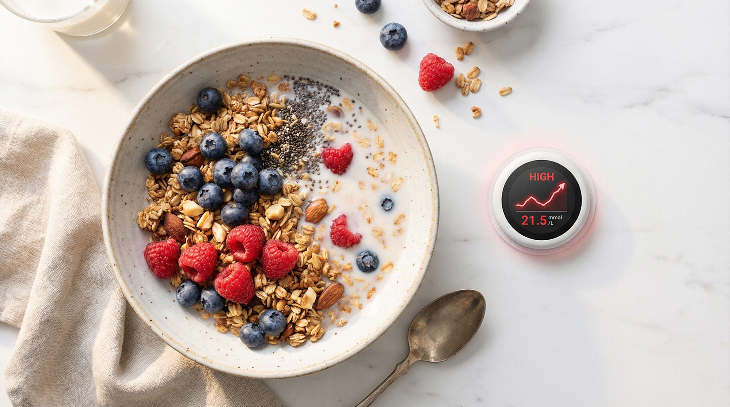 Müslischale mit Beeren und Hafermilch neben einem Blutzuckermessgerät das HIGH anzeigt