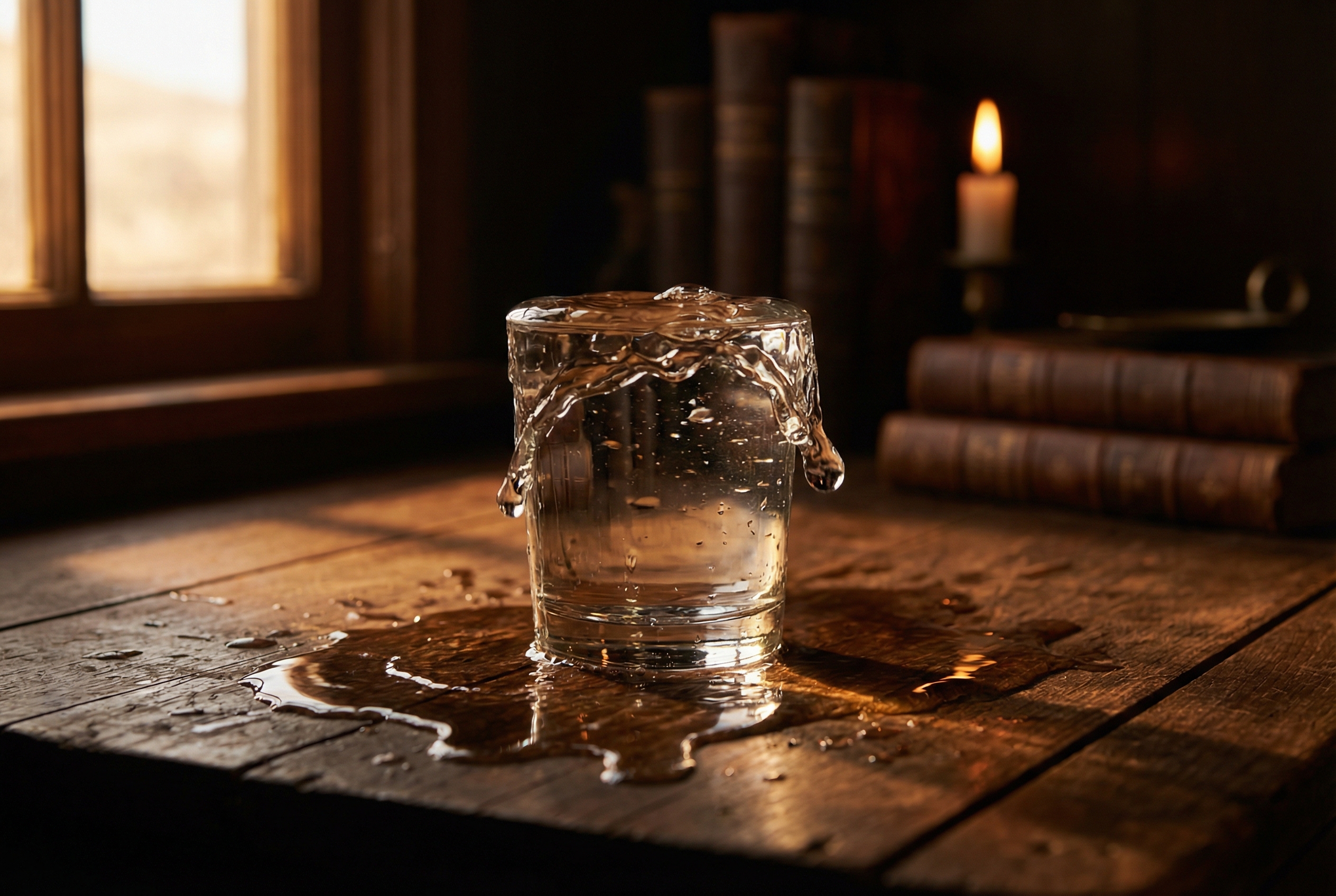 Ueberlaufendes wasserglas auf holztisch mit dramatischer beleuchtung