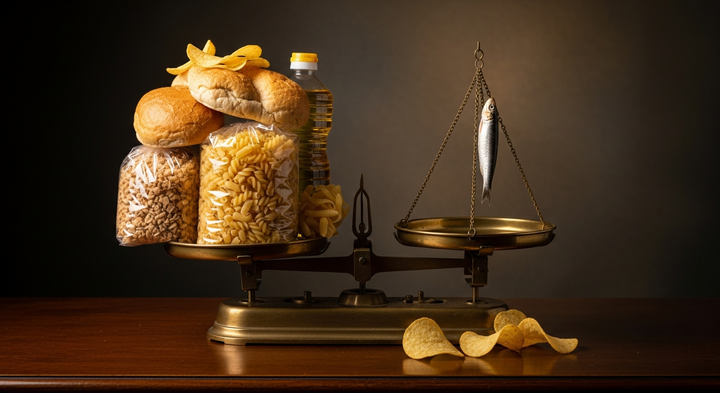 Blog 18 Alte waage kippt dramatisch — brot und pasta vs. Ein winziger fisch. Metapher für das gestörte omega-6/3 verhältnis bei rückenschmerzen