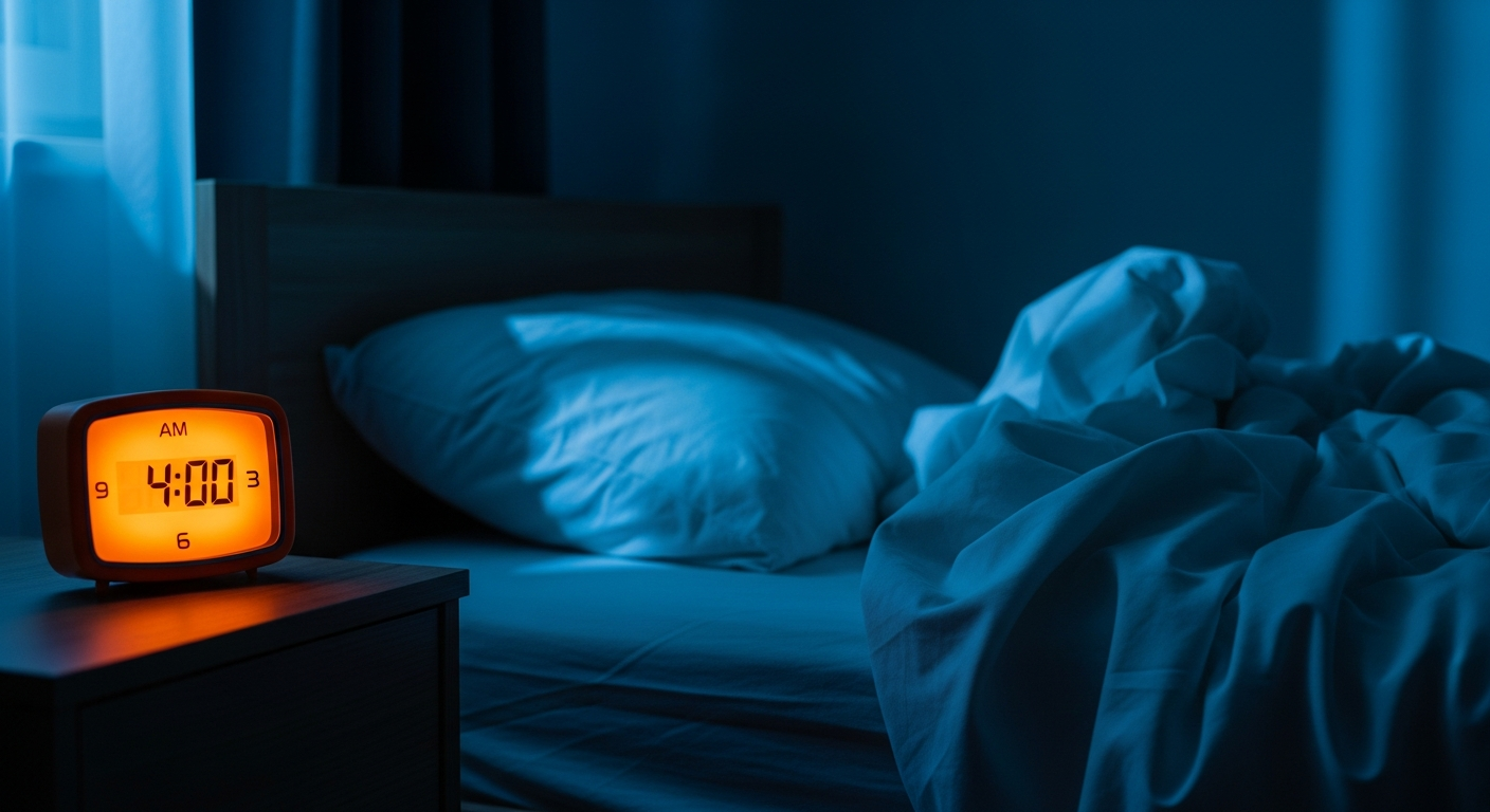 Blog 16 Wecker zeigt 4 uhr morgens neben zerwühltem bett — das cortisol-aufwach-phänomen bei rückenschmerzen