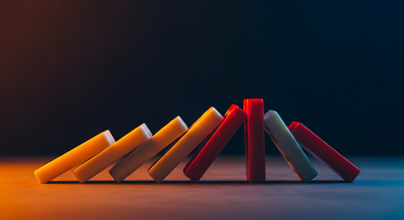 Blog 17 Dominosteine kippen auf dunkler oberfläche — kettenreaktion als metapher für versteckte ursachen von rückenschmerzen